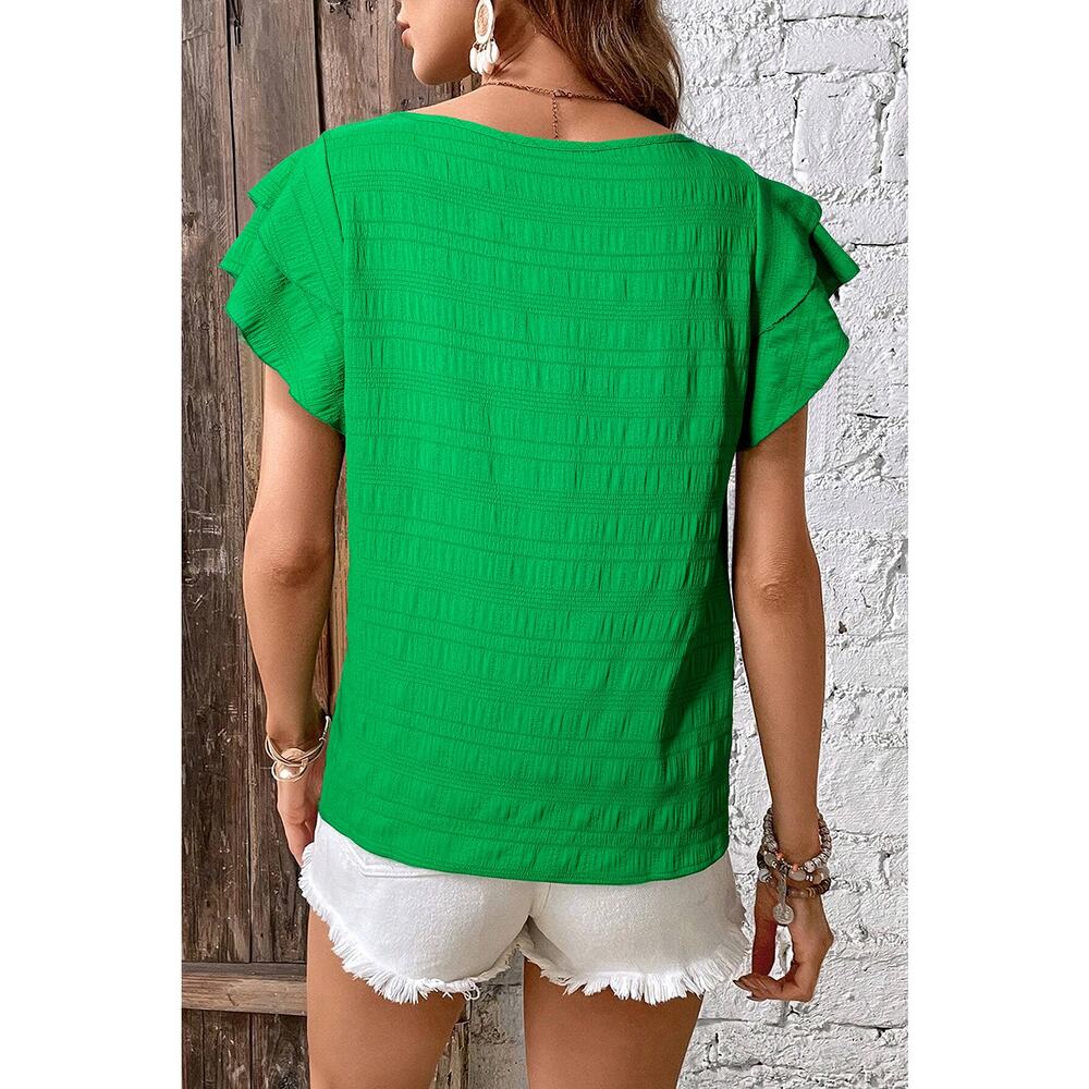 Green Textured Ruffled Short Sleeve Round Neck Top New S,  L, XL - Picture 3 of 8